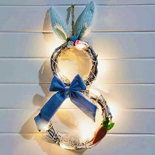 MEIRUIER Easter Bunny Shaped Wreath with Lights Rattan Circle for Easter Ornaments-48x25cm,Wall Decor,Easter Decoration with Easter Eggs for Front Door (Blue)