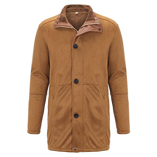 Men's Vintage Suede Fleece Lined Long Trench Coat Long Sleeve Full Zip Stand Collar Windbreaker Jacket Winter Warm Outwear Brown #TOP1