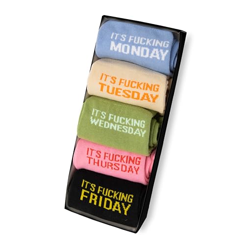 Fisura – Calcetines divertidos “f*cking week”. Pack de 5 calcetines divertidos unisex. Calcetines originales hombre. Calcetines de algodón estampados.