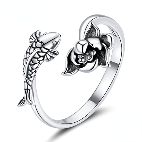 Ringar 925 Sterling Silver, naturliga Koi Lotus öppna ringar, justerbara smycken för kvinnor