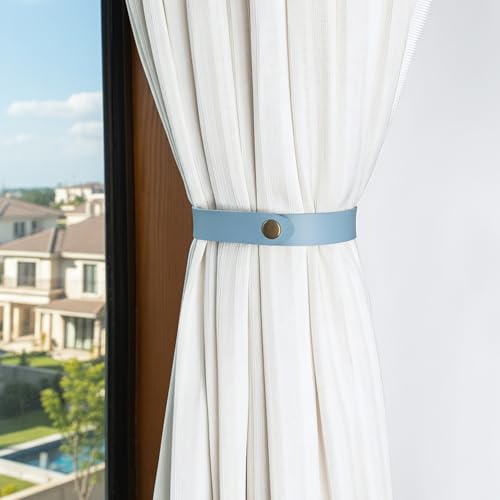 PU Leather Curtain Tie Backs, Ring Clips Curtain Buckle for Window Draperies of Home Hotel Curtain Holders, Rope Decoration Creative Curtains Buckle Modern Minimalist Set of 2(Sky Blue)