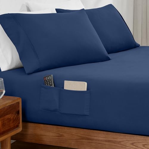 Bare Home Fitted Bottom Sheet Twin Extra Long - Storage Pocket - Premium 1800 Microfiber - Ultra-Soft Wrinkle Free - Deep Pocket (Twin XL, Dark Blue)