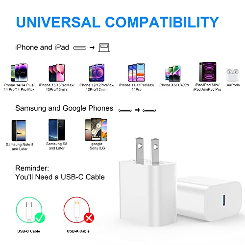USB C Bloc chargeur 2Pack 20W pour iPhone 17 16 Plug chargeur mural rapide avec adaptateur de puissance de type C pour iPhone 17/16/16 Pro Max/16 Plus/15/14/13/12/11/Xs/X,pour IPad Pro pour Apple USBC Frais