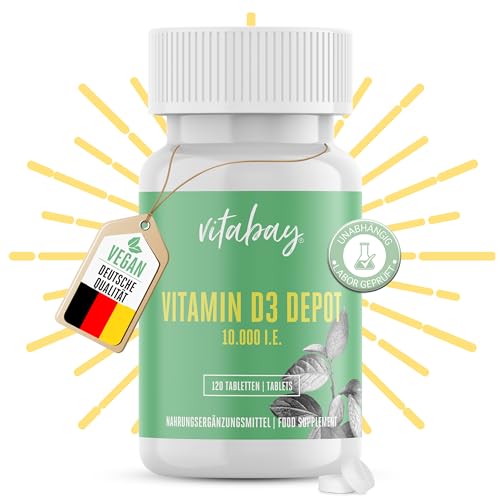 Vitabay - Vitamin D3 10000 I.E. - 120 Vegane Vit D 10000 Tabletten - Vitamin D Hochdosiert - Laborgeprüft
