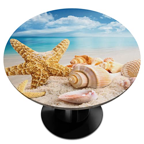cfpolar Summer Round Fitted Tablecloth with Elastic Edged, Sandy Beach Starfish Conch Round Table Cover Wipeable Waterproof Table Cloth for Kitchen Dining Wedding Party Picnic Fits 40-44 in Tables by cfpolar - Used condition - US$18.01