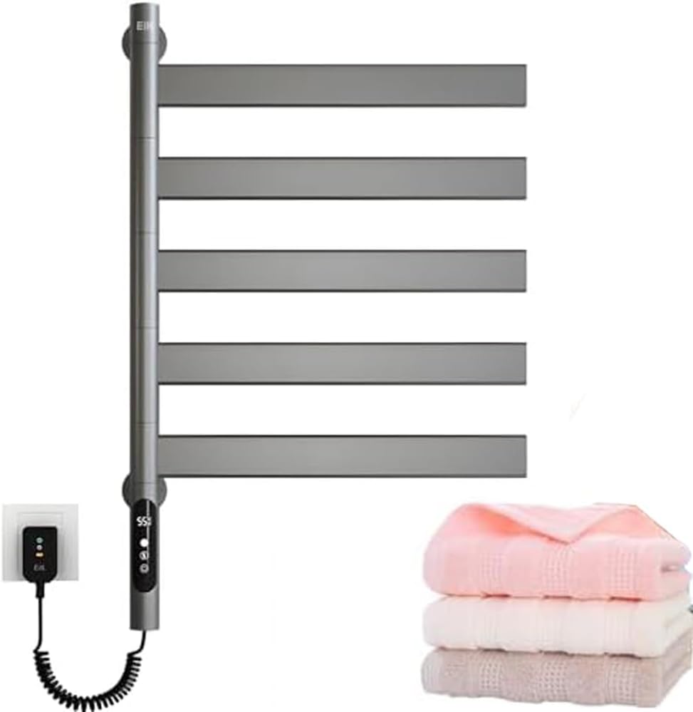 80W Wall-Mounted Towel Warmer with LED Display 180° Rotatable Heated Towel Rail 30-70℃ Temp Control 1-9h Timer IPX4 Waterproof 5 Tiers - Perfect for Bathrooms