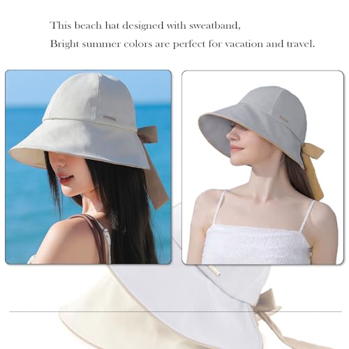 huablo Wide Brim Hats for Woman Foldable Hats Sun Hats for Women uv Protection Bowknot Fishing hat Adjustable hat with Ponytail Hole Beige - Image 8
