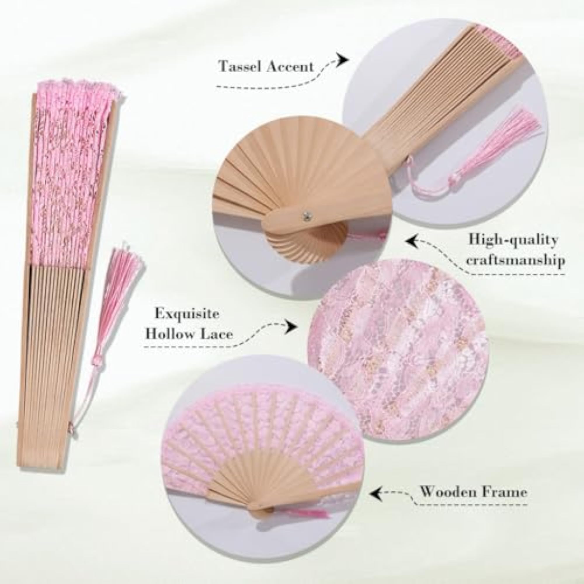 Lace Hand Fan Foldable with Wooden Frame and Tassel