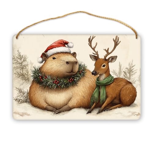 CDSASHCA Playful Xmas Capybara - Deer Wooden Hanging Sign 12x8 Inch, No - Frame Wall Decor for Kids Play Areas, Ideal for Gifting to Little Ones, Adding Cute & Lively Flair