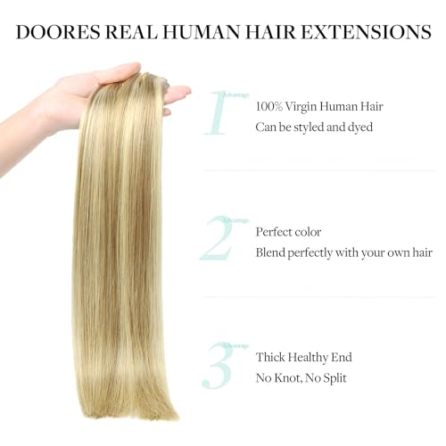 Image of DOORES Hair Extensions Seamless Clip in Real Human Hair, Light Blonde Highlighted Golden Blonde 24 Inch 120g 7pcs, Human Hair Extensions Skin Weft Remy Straight Hair Invisi Edge Hair Extensions
