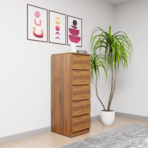 Image of VIKI Dresser with 5 Drawers, Chest of 5 Drawers,Clothes Storage, Organizer Unit for Bedroom, Hallway, Entryway,Easy Pull Drawers, Width 40cms, Brussel Walnut Colour | 1 Year Warranty