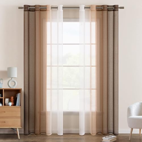 EMEMA Tende Voile Trasparenti Occhielli Sfumato per Soggiorno Camera da Letto Bagno Cucina Camera da Bambino Tenda Finestra Balcone Casa con 2 Pannelli 140 x 137 CM Marrone Chiaro