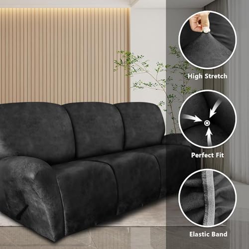Image of molasofa Recliner Sofa Covers - 8 Pieces Stretch Leather Like Large Couch Covers for 3 Seats Reclining Slipcovers Soft Jacquard Pattern Furniture Protector (Charcoal Grey)