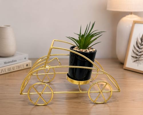 Image of Metal Car Planter with Artificial Plant | Decorative Tabletop Showpiece for Home & Office | Gold & Black Modern Desk Decor