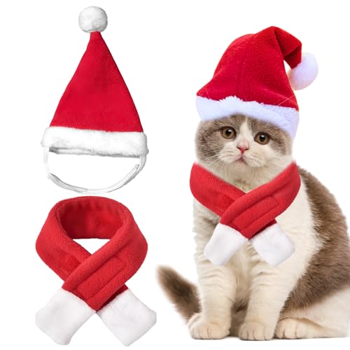 Katzen Weihnachtsmütze Und Schal, Katzen Mütze Deko Weihnachts Outfit, Weihnachten Kleidung Für Klein Katze, Weihnachtsmann-Mütze, Schal, Weihnachtskostüm Für Katzen,Katzenbekleidung