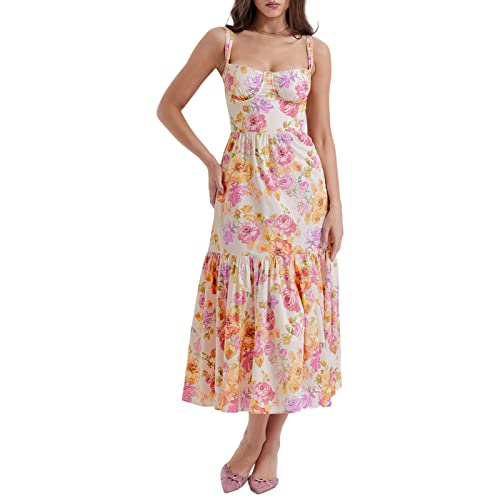 DUKAKLL Women's Summer Floral Maxi Dress - Bohemian Spaghetti Strap Square Neck Beach Dress