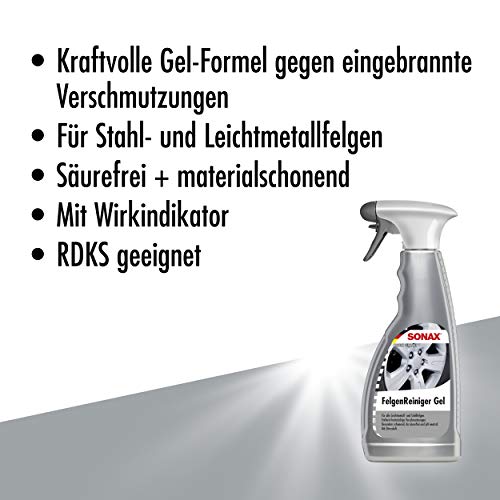 SONAX Żel do czyszczenia felg (500 ml) nie zawiera kwasów do felg z metali lekkich i stalowych o silnej formule żelowej, usuwa pył hamulcowy, pozostałości oleju i brud uliczny | Nr art. 04292000
