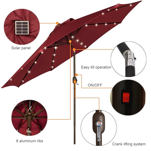 Image of Blissun 9 ft Solar Umbrella, 32 LED Lighted Patio Umbrella, Table Market Umbrella, Outdoor Umbrella for Garden, Deck, Backyard, Pool and Beach (Burgundy)