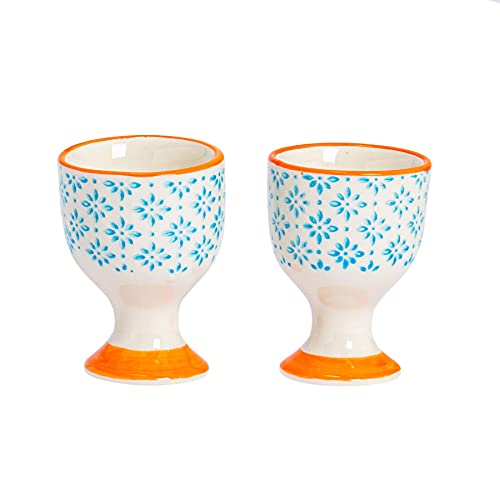 Nicola Spring Porcelain Breakfast Egg Cups - Blue/Orange Pattern Print - 54x73mm - Pack of 2