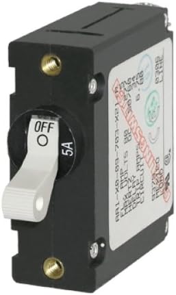 BLUE SEA SYSTEMS BS-7210 / Circuit Breaker, A Series, single pole, white toggle switch, 15A AC/DC, MFG# 7210, Magnetic/hydraulic operation, panel mount with 5/8" round opening, won039;t reset w/ short