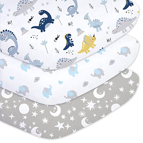 Image of Plushii Crib Sheets for Baby Boys 3 Pack, 28"x 52" Extra Soft Microfiber Crib Sheet Set for Baby Crib Mattress Sheet & Toddler Mattress Pad, Dinosaur & Elephant & Stars