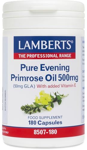 Lamberts Pure Evening Primrose Oil 500mg – Natural GLA Source with Vitamin E – Easy-Swallow Capsules – 180 Softgels – Omega 6 Supplement