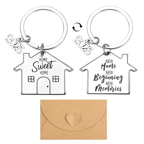 Leikedun 2 llaveros para el nuevo hogar 2025, llavero de nuevas aventuras, regalos de inauguración de la casa para pareja con sobre, llavero para propietario de casa, plata, Talla única