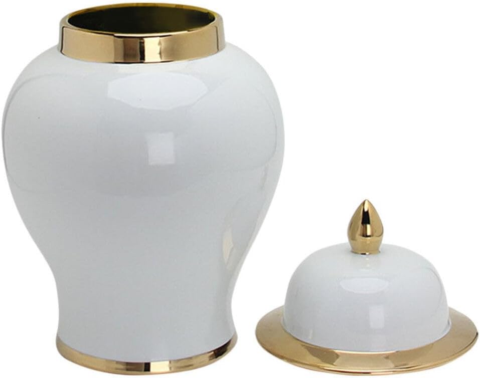 Ceramic Ginger Jar with Gold Trim - Home Decor Tea Storage Canister Decorative Centerpiece Accent Jar Chinese Porcelain Vase for Home Office Table White