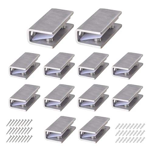 12 Piezas Abrazaderas de Acero Inoxidable Vidrio, Soporte de Estante de Vidrio Ajustable, Clip de Vidrio Pinzas para Sujetar Cristales con Tornillos y Tubo de Expansión para Espesor 8-12mm (12, Plata)