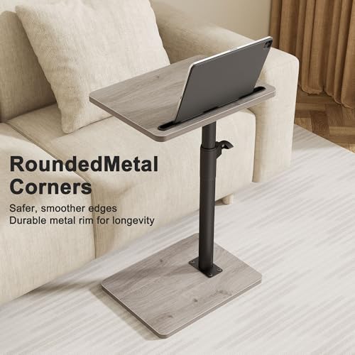Image of YUHFERA Sofa Armrest Tray Table for Couch - 360 Swivel Height Adjustable End for Small Spaces, Snack Side Table for Bed or Chair with Phone & Tablet Slot (Gray,Standard)