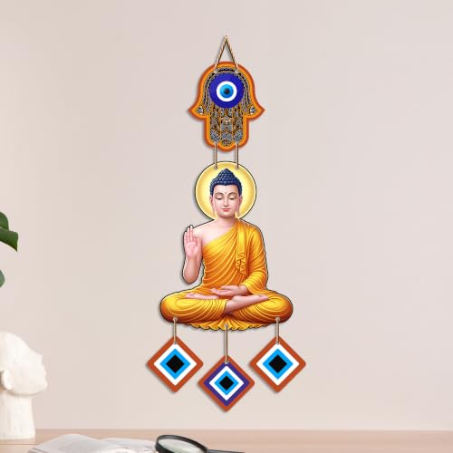 Image of Artvibes Buddha Wall Hanging with Evil Eye Charms | Spiritual Wooden Decor Symbolizing Peace | Growth and Positive Energy | Decorative Hanging for Living Room | Meditation Room | Art Gift (WH 85101N)