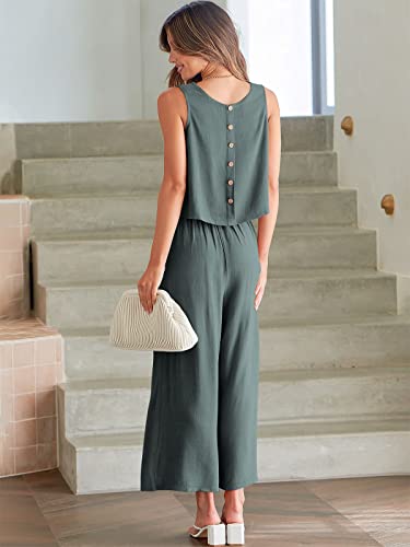 Image of ANRABESS Women's Summer 2 Piece Outfits Sleeveless Tank Crop Button Back Top Cropped Wide Leg Pants Set Pockets