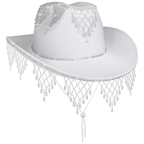 Chapeau de cowboy noir pour femme avec franges strass scintillantes et bord rigide