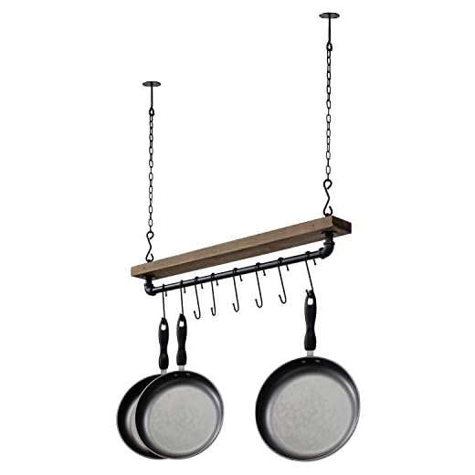 MyGift Hanging Pot Rack Ceiling Mount Industrial Pipe and Wood Adjustable Pots and Pans Organizer with 8 S-Hooks