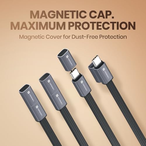 Image of Portronics 60W Safelink Type C Fast Charging Cable With Magnetic Cover, Flat Braided Cable, Data Transfer, Aluminium Alloy Shell, 1.2M Length Cable compatible with Type C Smartphones & Devices(Black)