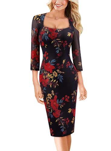 Image of VFSHOW Womens Vintage Square Neck Work Office Business Dress Elegant Casual Cocktail Party Church Bodycon Pencil Sheath Dress