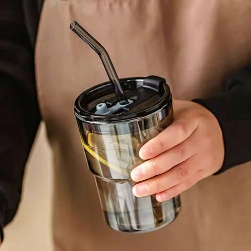 DOCAT Premium Glass Tumbler with Lid and Straw, Straw & Anti-Slip Leather Sleeve- 435ml, Reusable Leak-Proof & Heat Resistant, Perfect for Kids, Tumbler with Straw for Hot and Cold Beverages