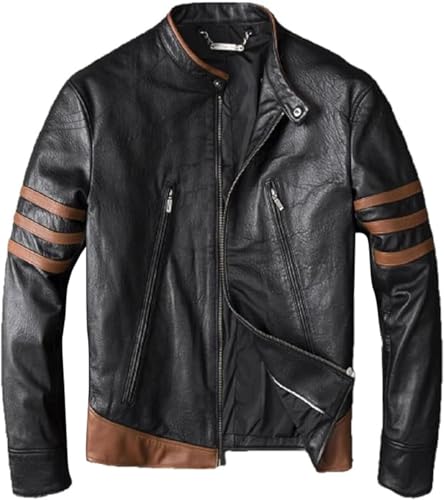 Men's Logan Leather Jacket Men - Biker Motorcycle Leather Jacket for Men with Brown Stripes
