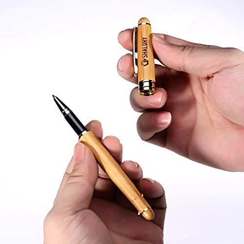 Image of Bamboo Wooden Pen Set - 1 Ball Pen with Medium Tip and 1 Rollerball Pen Fine Tip - Smooth Writing Flow Gift Pen with Extra 2 Refills, Black Ink