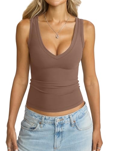 Image of Eachyes Womens V Neck Tank Tops Sleeveless Slim Fit Shirts Summer Going Out Fashion Outfit Clothes 2026