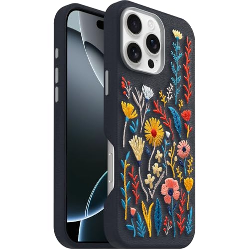 Image of OtterBox iPhone 16 Pro Max Symmetry Series Cactus Leather Embroidery for MagSafe - Enchanted Garden Blue