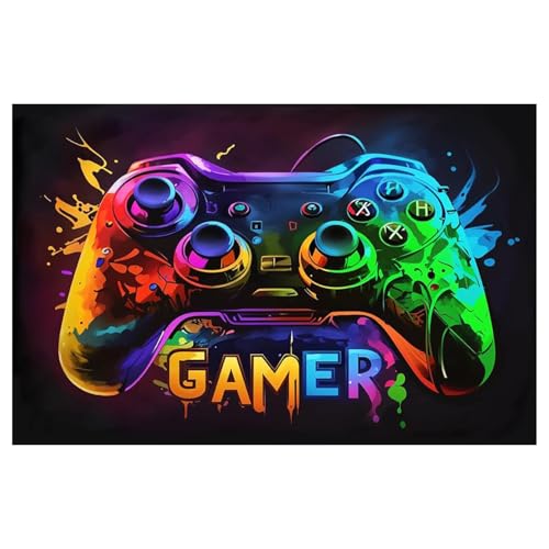 Image of Fychuo Gamer Rug with Splotch Art, Vibrant Gaming Rug for Boys Bedroom, Anti-Slip Floor Mat with GAMER Text, Soft Neon Play Mat for Gaming Room & Teen Bedroom Decor