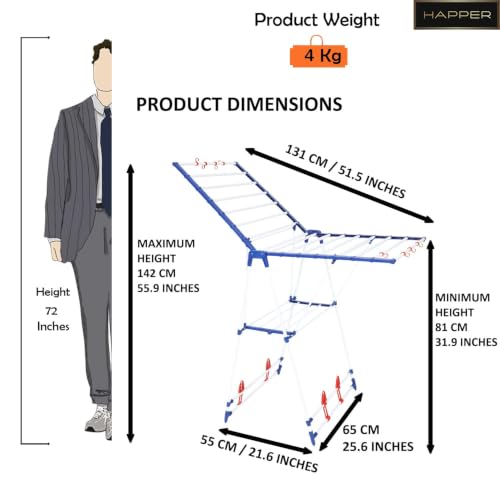 Image of Happer Mild Steel Cloth Drying Stand | Winsome | 8 Hangers | 4 Shoe Holders | 40 Feet Drying Space (White & Blue)