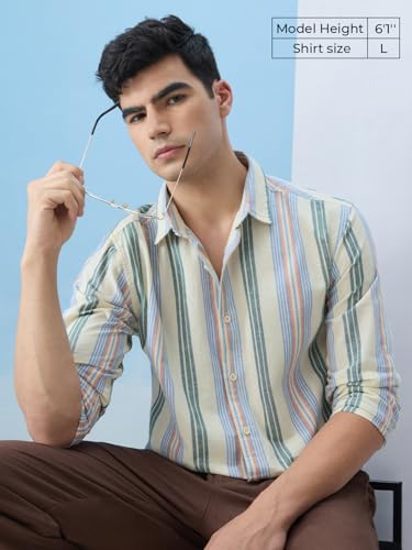 Image of The Souled Store Cotton Linen Stripes: Apricot Men and Boys Long Sleeves Collared Neck Orange Stripes Regular Fit Lightweight Comfortable Summer Cotton Linen Shirts