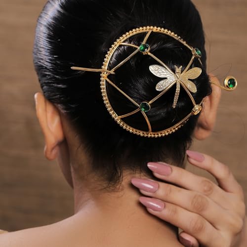 Image of Hair Bun Cage Accessory for Women | Handcrafted Brass Juda Cover with Stick | Anti-Tarnish Traditional Hair Accessory for Wedding & Festive (Dragonfly Green Crystal Hair Bun (Golden))
