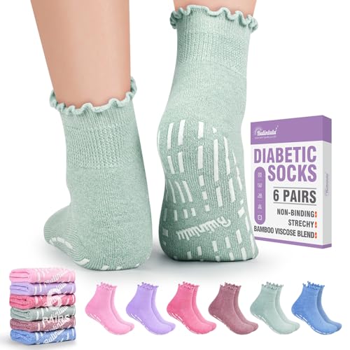 Bulinlulu Diabetic Socks for Women Size 9-11 6 Pairs Hospital Non Slip Socks with Grips for Women Elderly(Ruffle Group B-Medium)