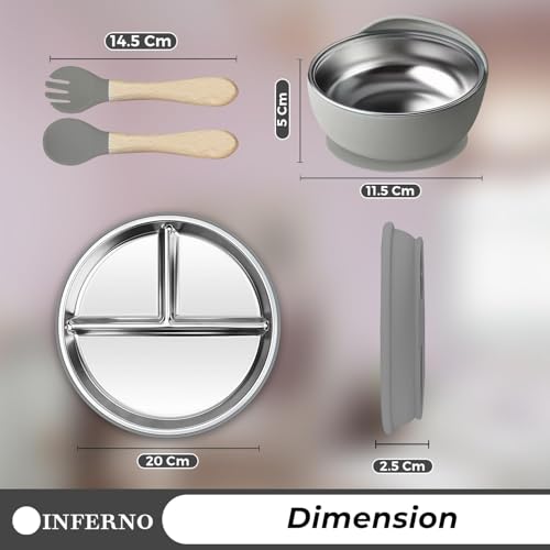 Image of NYALA Stainless Steel Toddler Plates Silicone Suction, Non-Slip Baby Plates BPA Free,Unbreakable Dishwasher Safe (Grey, Plate + Bowl)