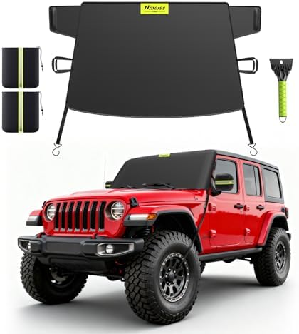 Nmoiss 3-in-1 Windshield Snow Cover for Jeep Wrangler & Gladiator — XS Size Low-Windshield Frost Guard with Ice Scraper, Heavy-Duty 600D Oxford Waterproof & 360° Windproof Protection for Off-Road SUVs