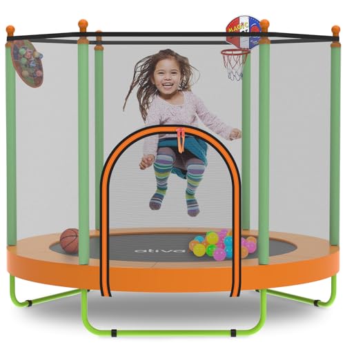 Image of Ativafit 60'' Rebounder Trampoline Indoor Outdoor for Kids Ages 1-8, 5 FT Recreational Toddler Trampoline with Safety Enclosure Net Gifts with Basketball Hoop Dartboard Ocean Bal