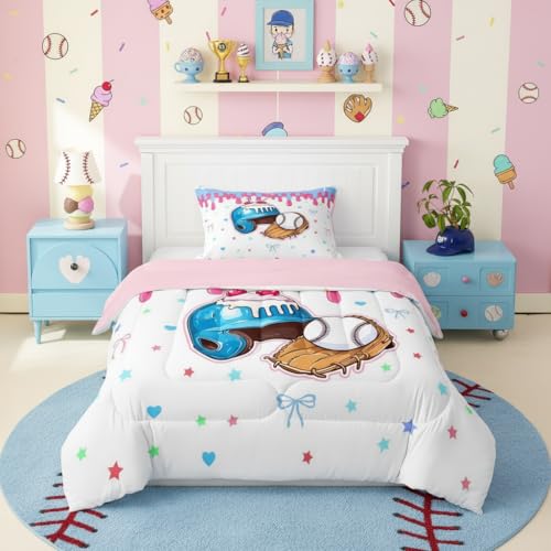 Castle Fairy Baseball Cap Kids Comforter Set Twin Size,Ice Cream Cherry Dessert Bedding Set for Teens Adults Bedroom Decor,Game Sports Graffiti Duvet Insert,Bule Quilted Duvet Set with 1 Pillowcase